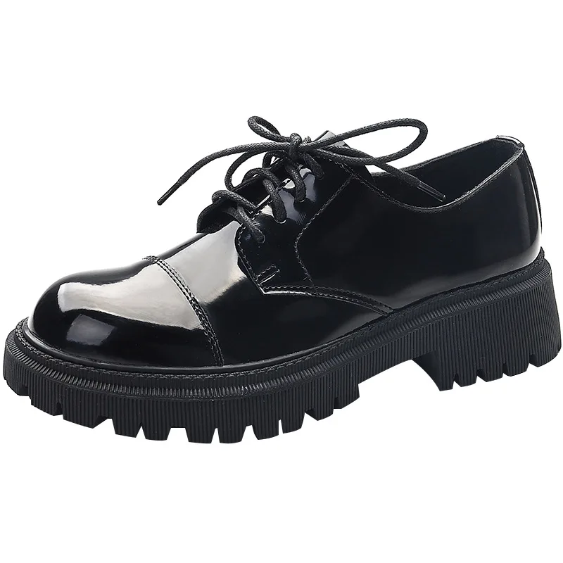 

Small Leather Shoes Women's 2022 Spring and Autumn Thick Bottom British Style Loafers Leather Thick Heel Lace Up Uniform Shoes