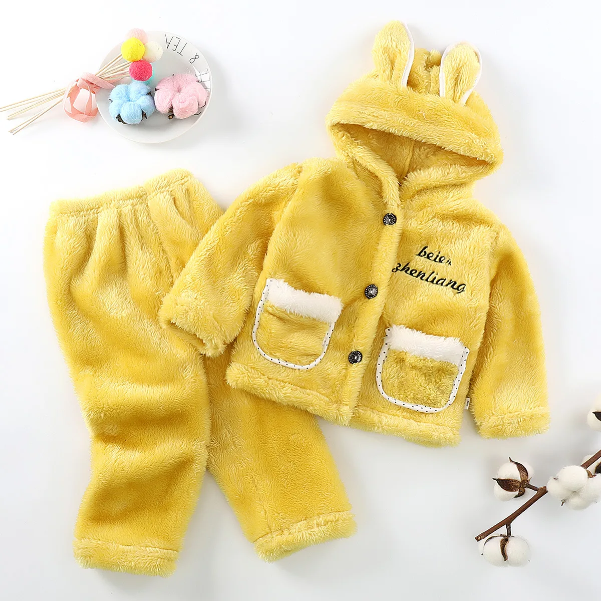 

Cute Active Baby Girl Boy Plush Clothing Suit Kids Children Hooded Hoodies Trouser Two Piece Toddler Infant Home Sets Winter New
