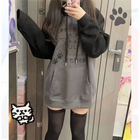 Oversize Lazy Hoodie Sweatshirts Autumn Winter New Thicked Warm Tops Mujer Japanese Cartoon Printed Patchwork Jackets Oversize Lazy Hoodie Sweatshirts Autumn Winter New Thicked Warm Tops Mujer Japanese Cartoon Printed Patchwork Jackets