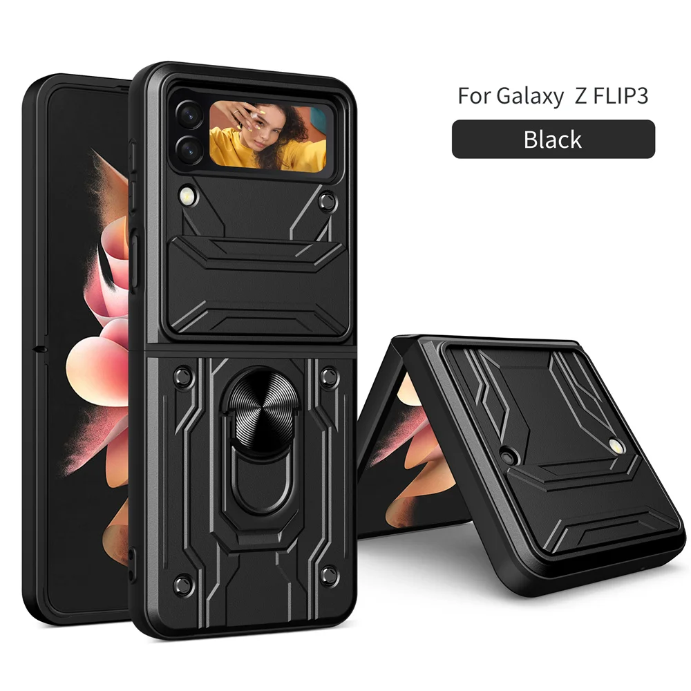 

Shockproof Phone Case for Samsung Galaxy Z Flip3 stand Ring Camera Lens Protection Slide Military Grade Armor Cover