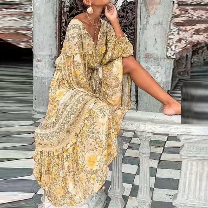 Платье женское длинное с V-образным вырезом пикантное винтажное свободное