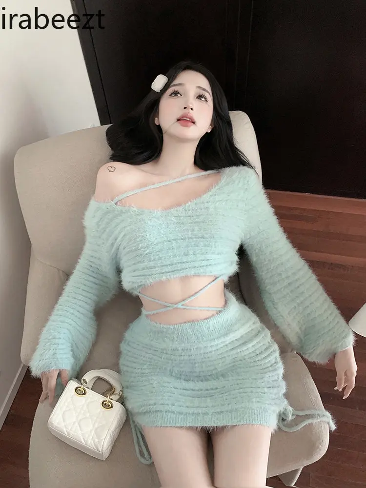 

Зимние женские комплекты с короткой юбкой Irabeezt, пикантные однотонные юбки мини с открытыми плечами, модные комплекты из двух предметов для ...