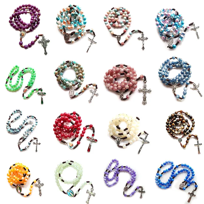 

Religious Jewelry Acrylic Beads Stand Necklace Cross Rope Weave Rosary For Men Women