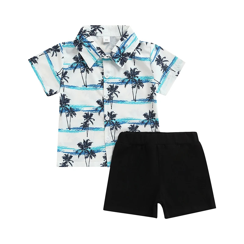 

Костюм из двух предметов для мальчиков, топы и шорты с принтом кокосового дерева для малышей, короткими рукавами и отложным воротником, на п...