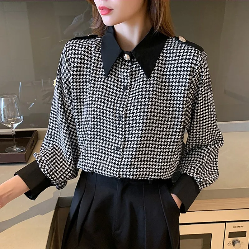 

Women Long Sleeve Elegant Shirts New Arrival 2022 Korean Style Vintage Plaid All-match Office Lady Casual Blouses Tops W921