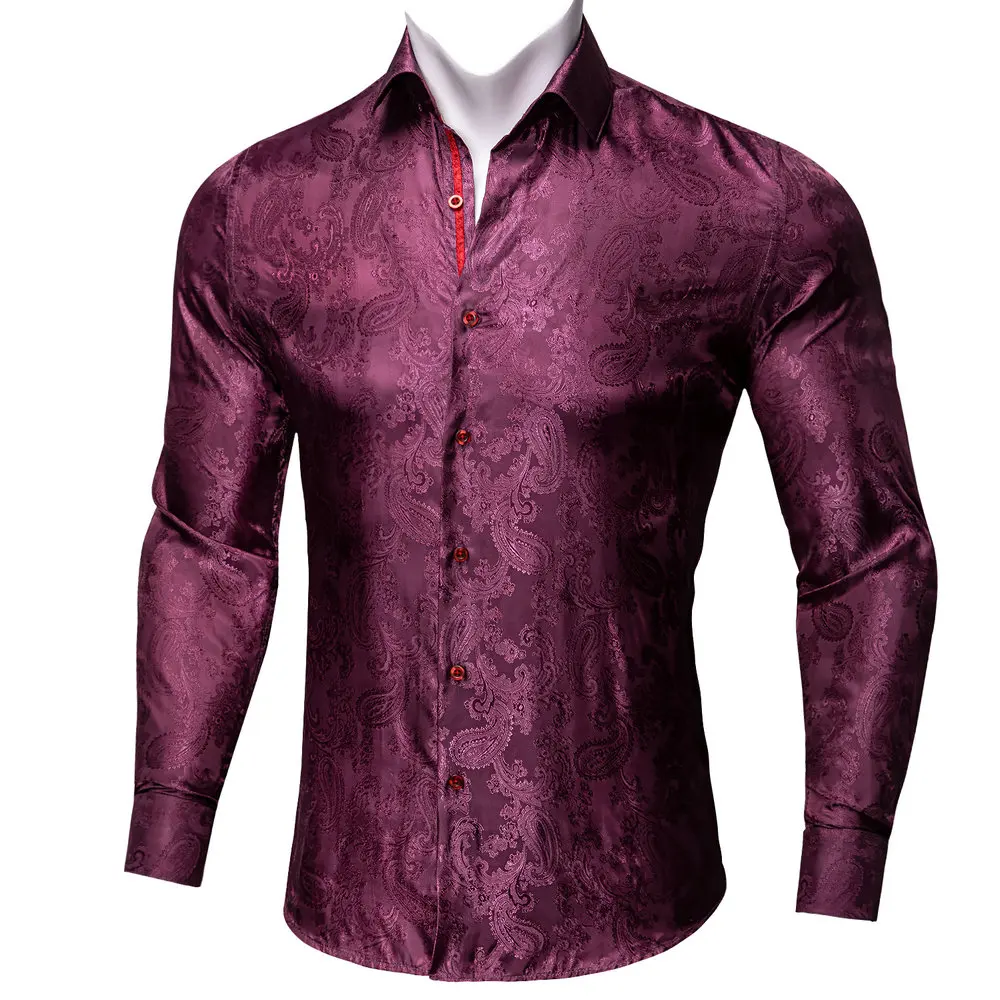 

Designer Wine Red Paisley Long Sleeve Fashion Mens Shirt Exquisite Jacquard Pattern Lapel Casual Fit Business Wedding Barry.Wang