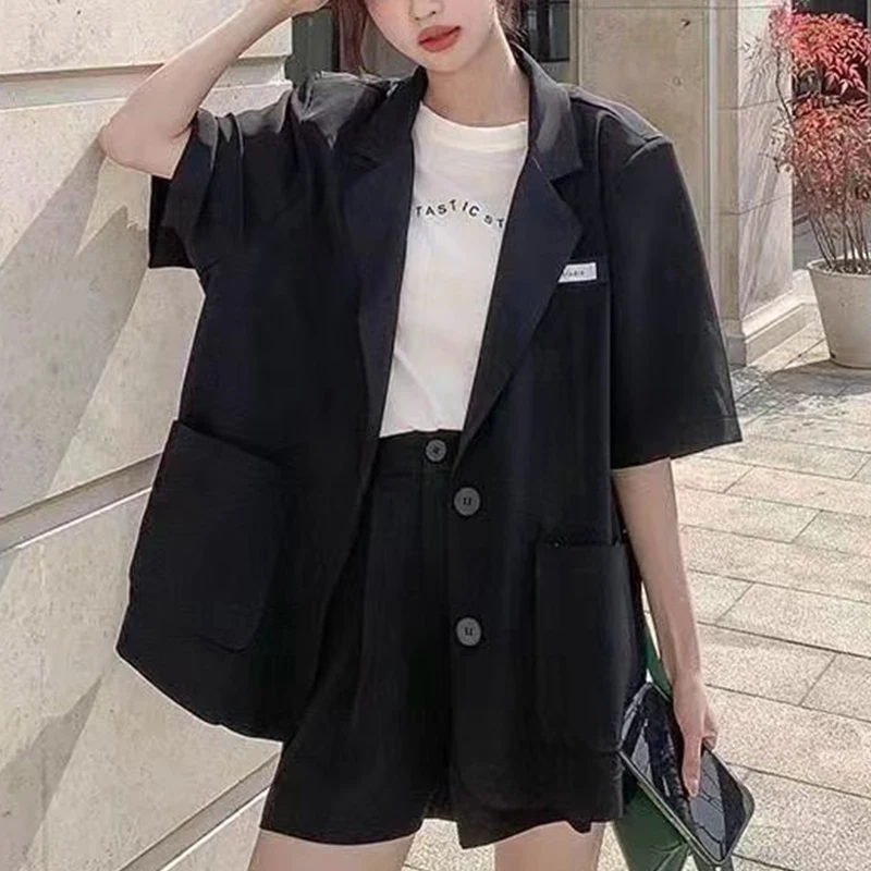 Summer Office Lady Elegant Fashion Short Sleeve Blazer Shorts Set Female Solid Loose Casual Suit Women's Clothing Coat Jacket