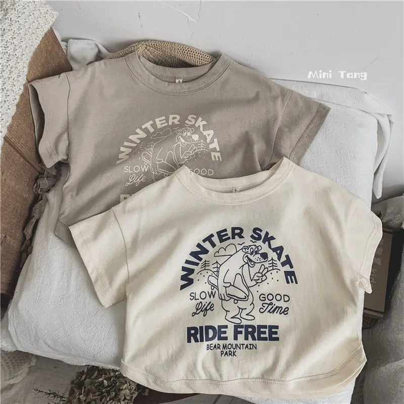 

2022 Summer New Children's T-shirt Korean Version Linen Cotton Girls T-shirt Short-sleeved Alphabet Cartoon Boy Bottoming Shirt