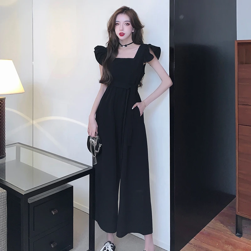 

Women Jumpsuit Sexy Fashion Square Neck Sleeveless Solid Nipped Waist Draped Loose Wide Legs Romper High Streetwear