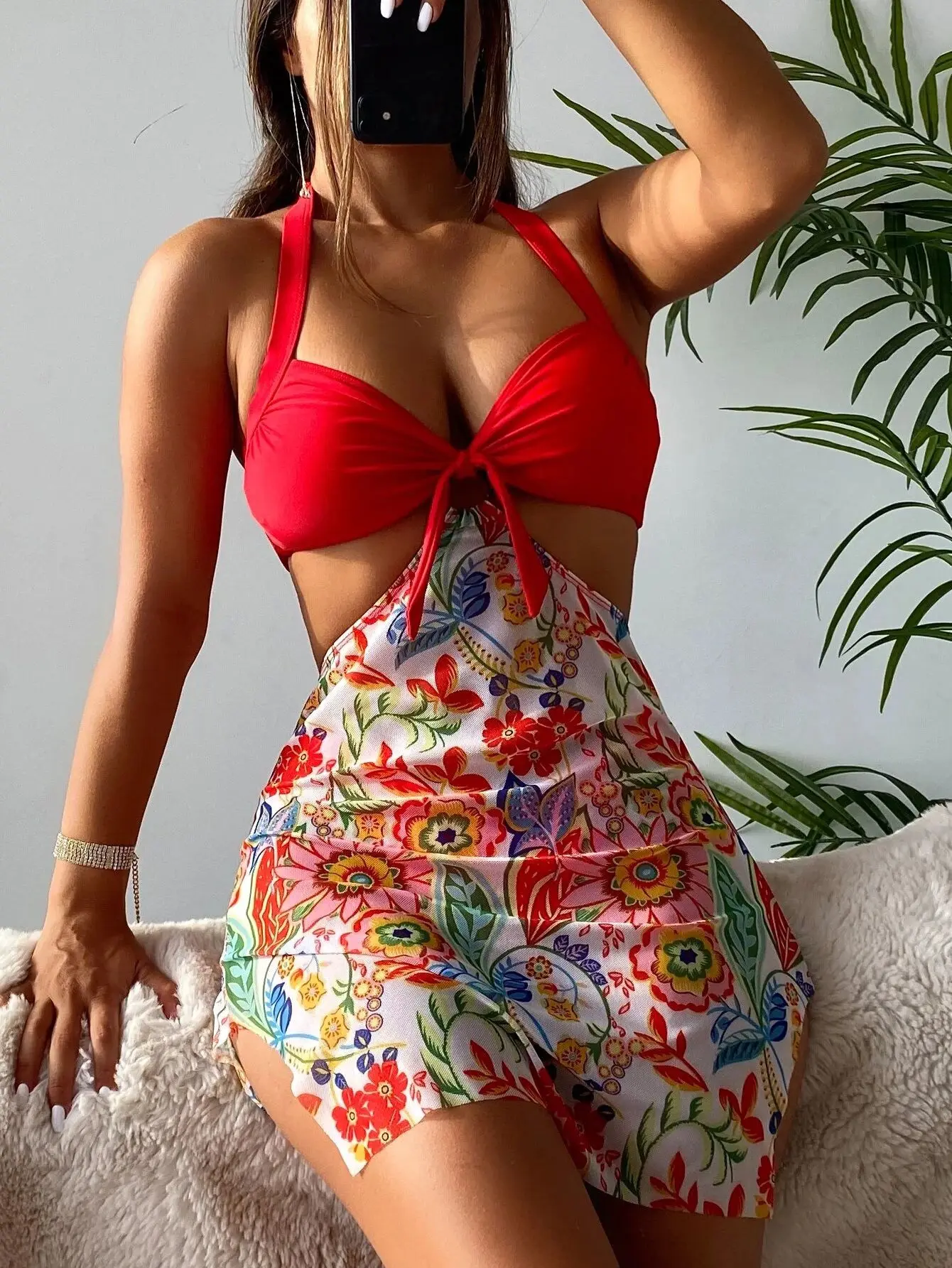 

Купальник-бикини женский со съемной пляжной юбкой и цветочным принтом