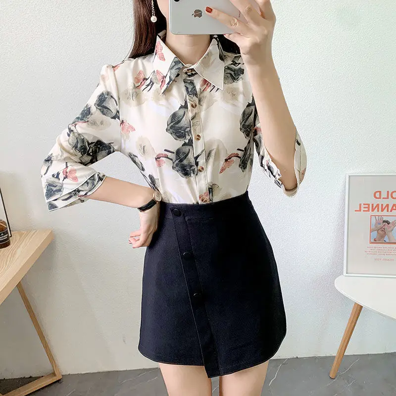 

Summer Chiffon Women Shirts Flower Office Lady Button Up Shirt Short Sleeve Ladies Tops White Women Blouse Camisas Mujer