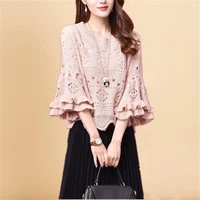 fashion solid color flare sleeve knitted hollow out sweater women clothing 2022 autumn new loose crew neck casual pullovers tops