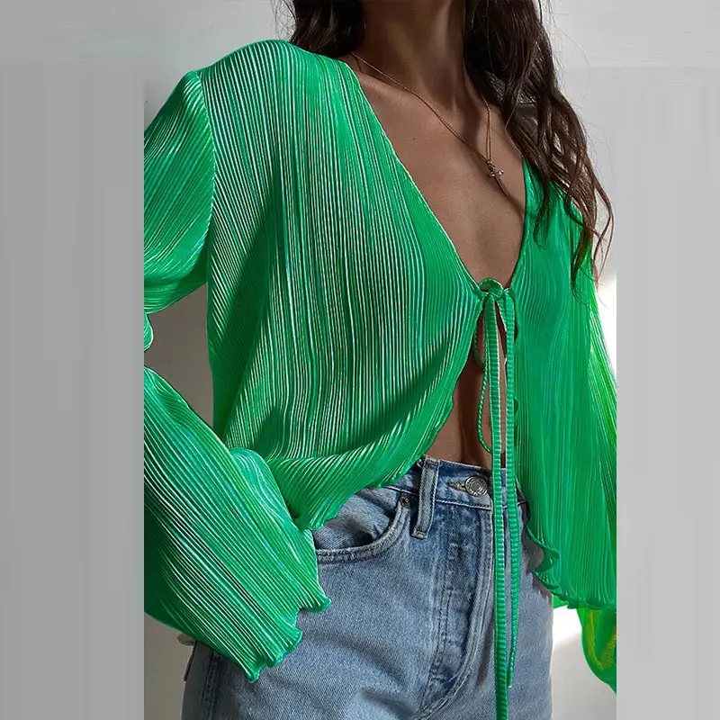 

Women Ruched Pleated Cardigan Long Flare Sleeve Shirts Lace Up Blouses Ladies Summer Casual Solid Color Tops for Party 2022