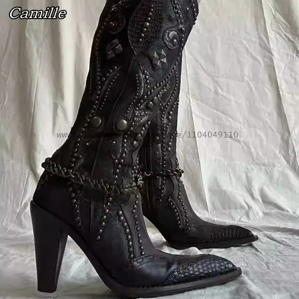 Ботинки на массивном каблуке в стиле ретро с металлическими заклепками и