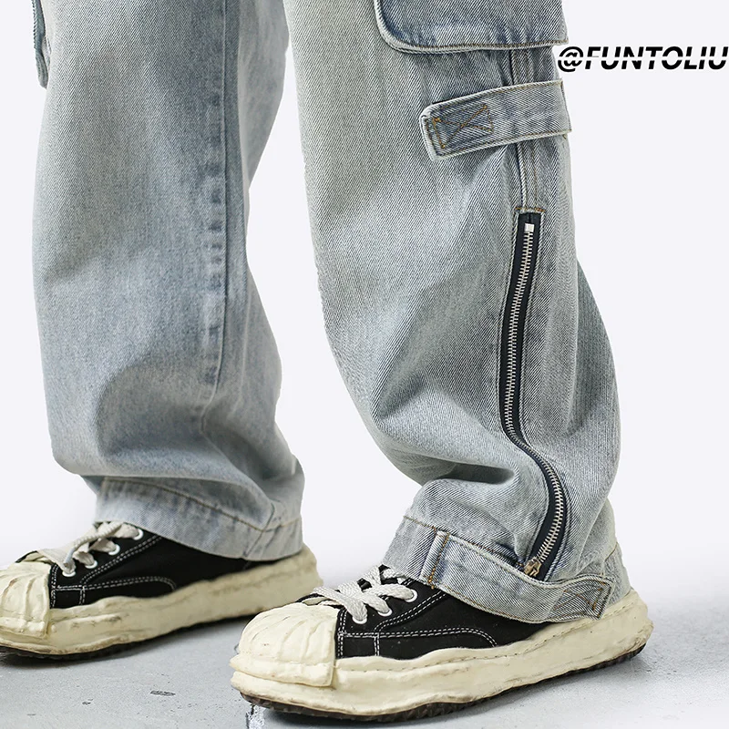 3 Colors Baggy Cargo Jeans Men Fashion Casual Loose Pocket Jeans Men Streetwear Hip Hop Straight Denim Pants Mens Trousers M-2XL