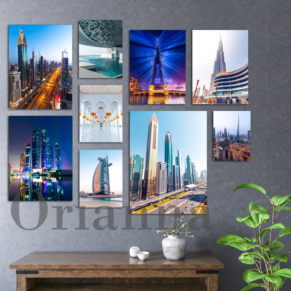 

Dubai Photography Trave Poster Skyline Burj Khalifa And Burj Al Arab Abu Dhabi Financial District Sheikh Zayed Mosque Print Uae