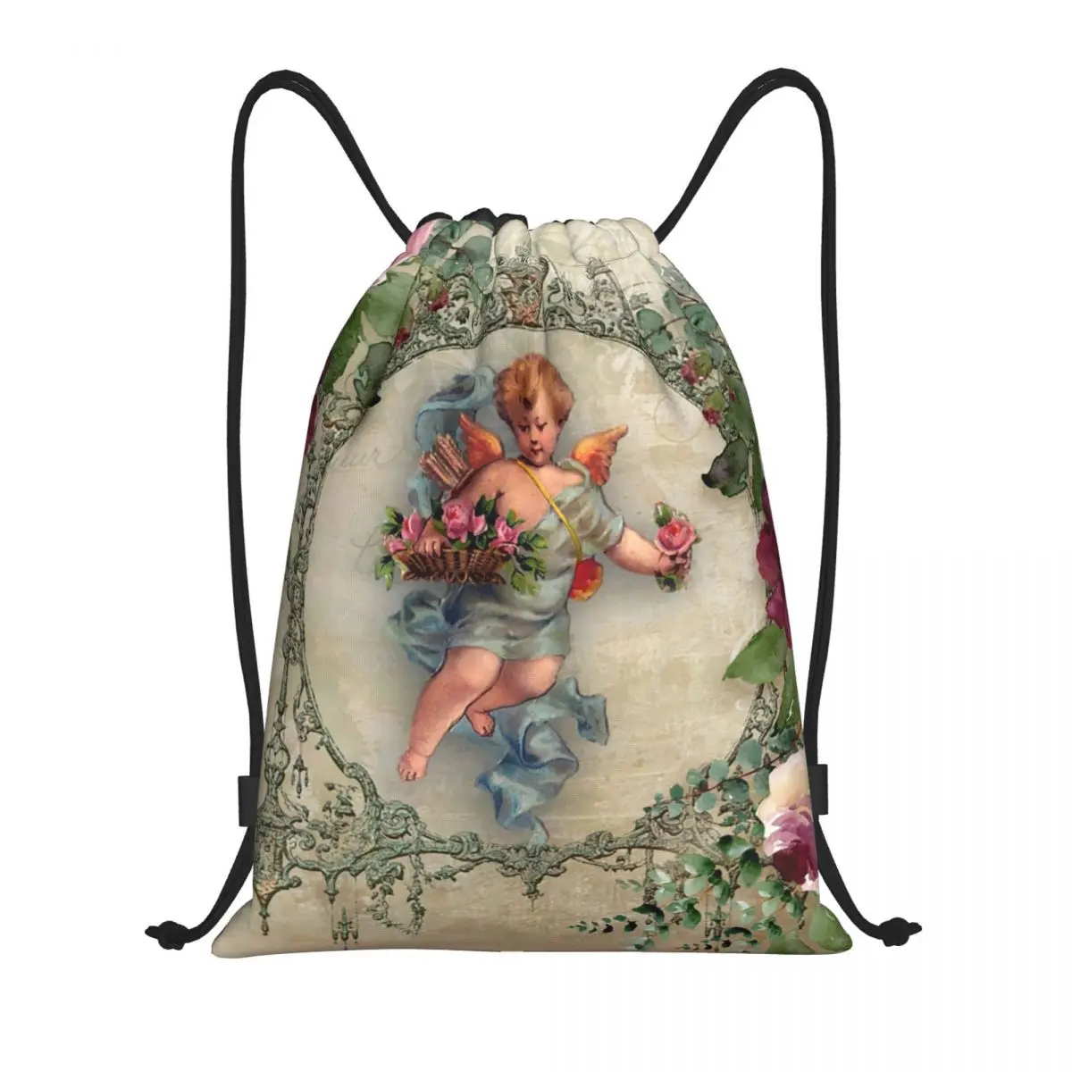 

Victorian Angel Print With Vintage Rose Bouquets Shabby Chic Drawstring Backpack Gym Sport Sackpack Foldable Training Bag Sack