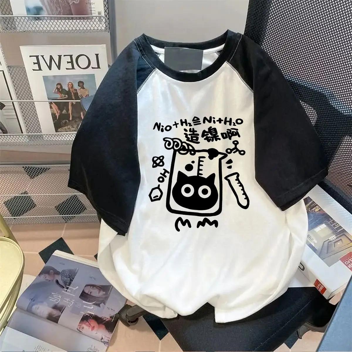 

Hong Kong style fun cat niche raglan sleeve T-shirt female student couple loose and versatile contrast color short-sleeved male