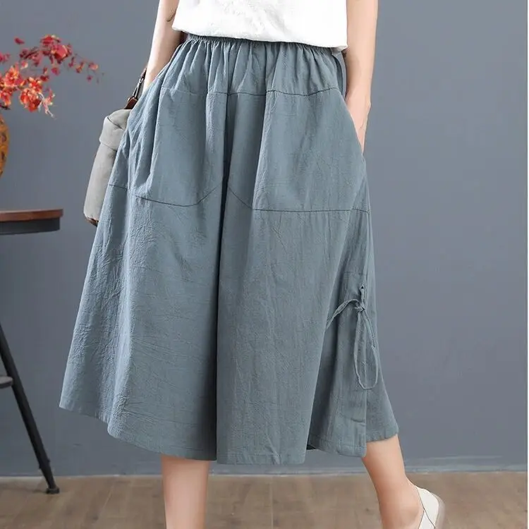 

Summer Loose Bloomers Casual Elastic Waist Wide Leg Pants Large Size Middle Waist Women's Solid Color Culottes Cropped Pants