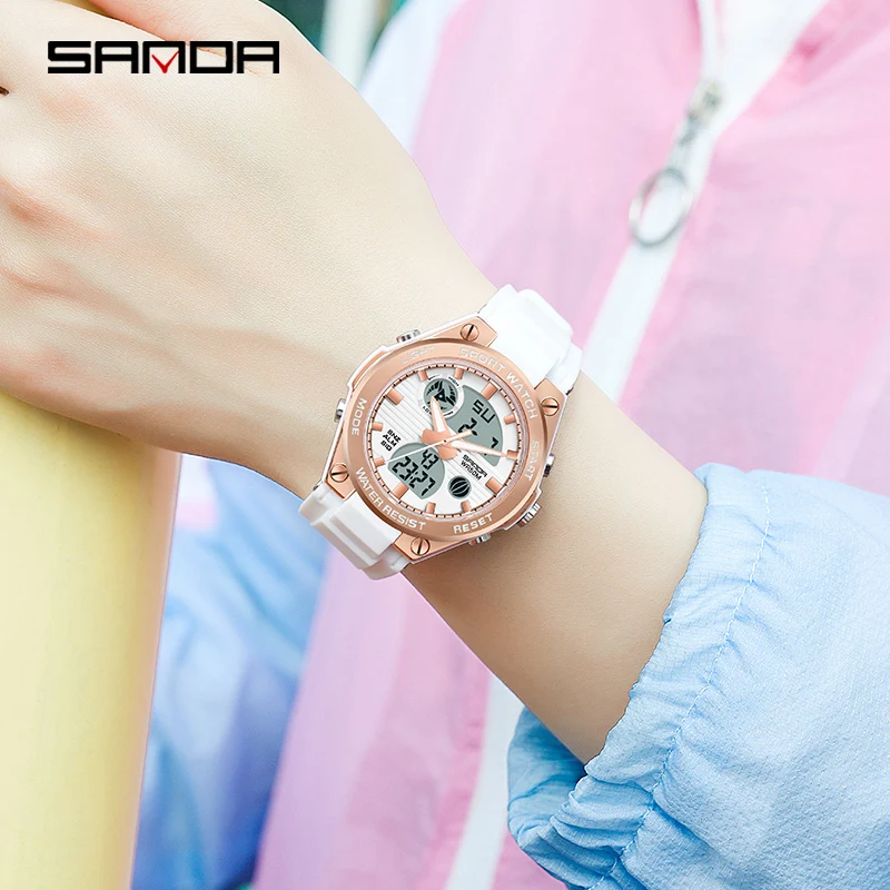 SANDA Luminous HD LED Dual Display Watch Alarm Clock Multifunctional Chronograph Sports Watch Women Watch Waterproof Reloj Mujer enlarge