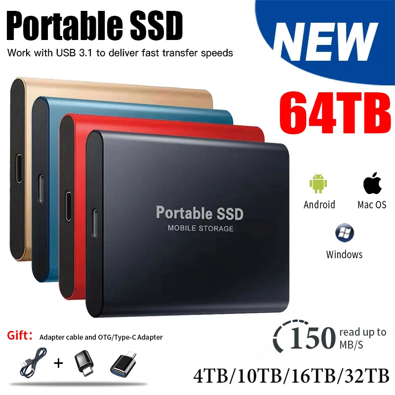 New 1TB High Speed Portable SSD 2TB External Solid State Drive USB 3.1 TYPE-C Interface Mass Storage disk For PC/Mac/Phones