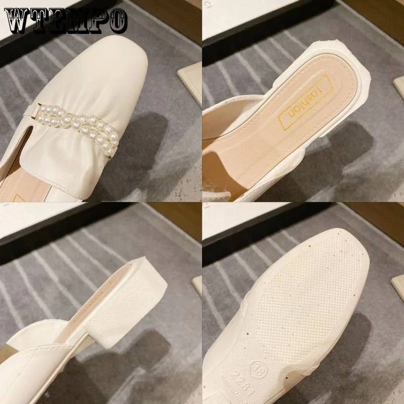 WTEMPO Leather Sandals Summer Women Casual Slippers Fashion Wear Single Shoes Girl Pearl Square Heel Half Slippers Dropshipping