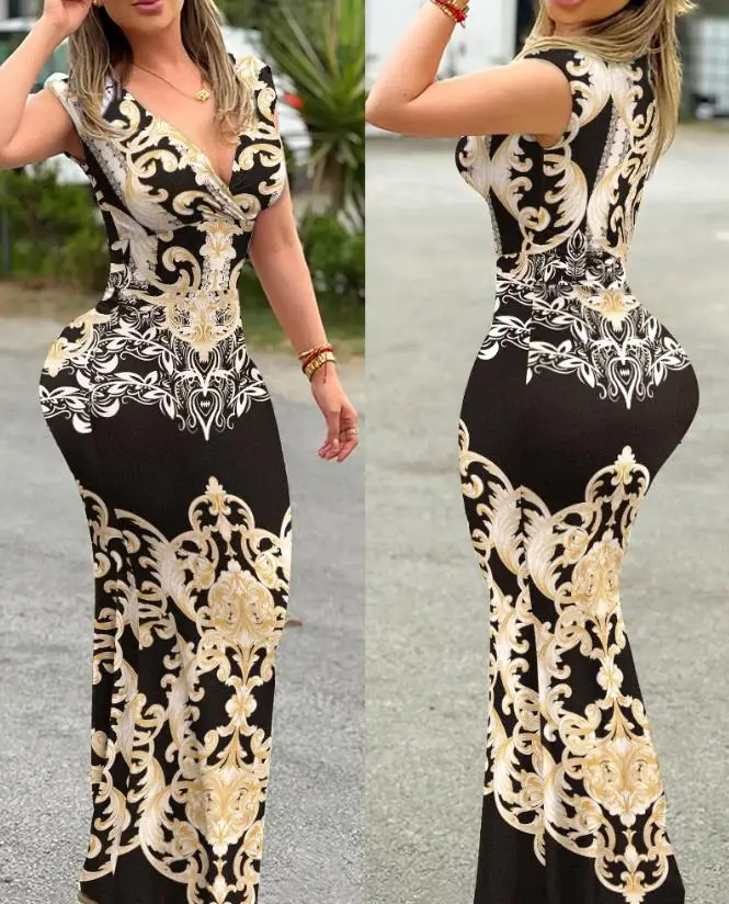 

Sexy Women's Long Dress Summer 2023 New Elegant Baroque Print V-Neck Sleeveless Maxi Dress Waist Skinny Dress Party Dress