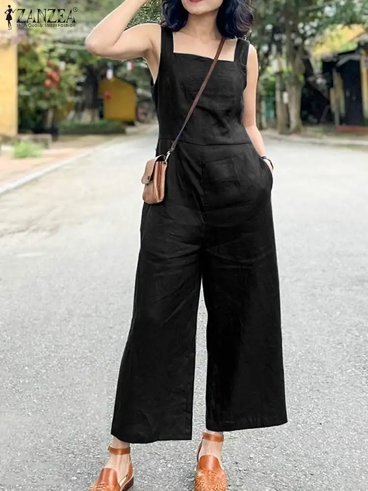 

ZANZEA Square Collar Sleeveless Solid Straps Playsuits Summer Woman Vintage Jumpsuit Elegant Casual Fashion Wide Leg Pant Romper