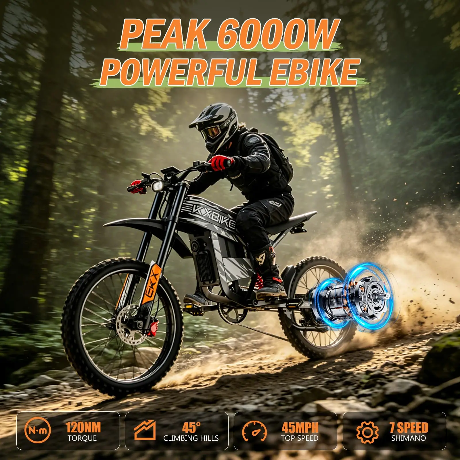 Фото Электрический внедорожный мотоцикл Readygo EKXBIKE TX1, 3000 Вт, литиевая батарея 60В30Ач, для взрослых, максимальная скорость 80 км/ч, пиковая мощность 6000 Вт №2