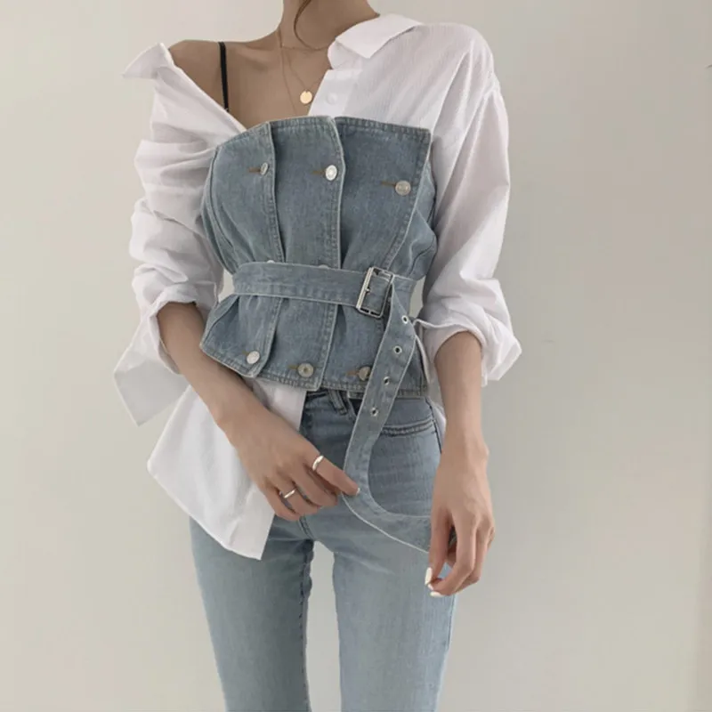 

2022 Sexy Denim Vest for Women Off Shoulder Corset Sleeveless Tube Tops with Adjustable Belt Crop Tank Top Female Casual Outfits