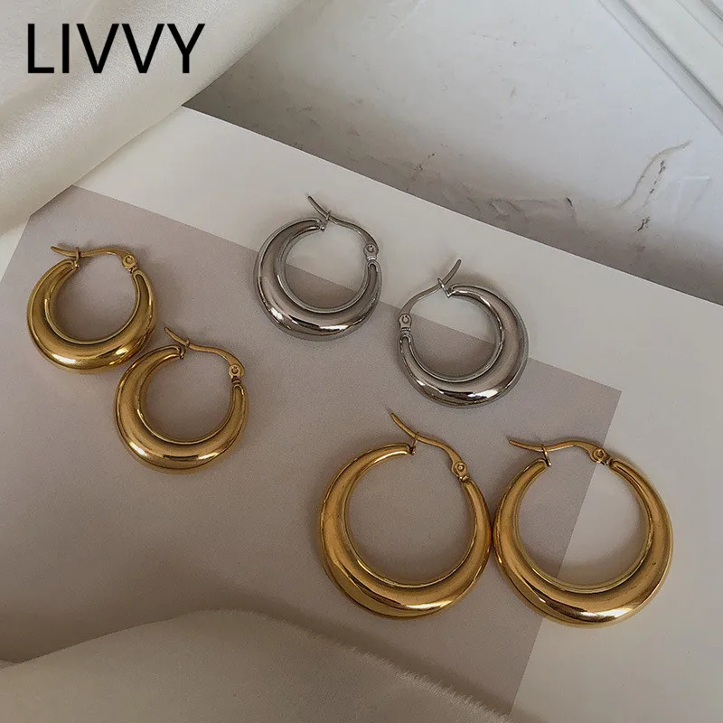 

LIVVY Silver Color Minimalist Smooth Surface Oval Hoop Earrings For Women Simple Trendy Party Jewelry Gift