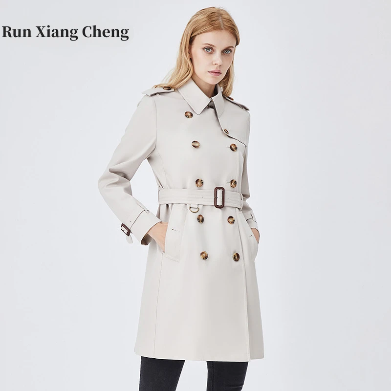 

Женская ветровка средней длины RUN XIANG CHENG, классическое двубортное пальто с запахом на талии, осень 2023