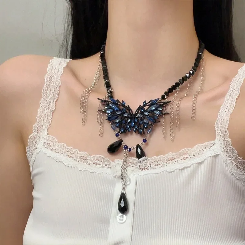 Ожерелья-бабочки Draweye Y2k для женщин винтажные кисточки темно-синие корейские