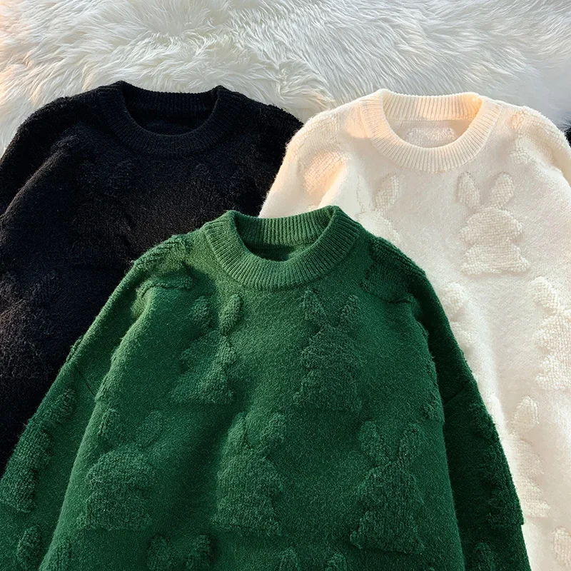 Женский вязаный белый жаккардовый пуловер свободного покроя с длинным рукавом и