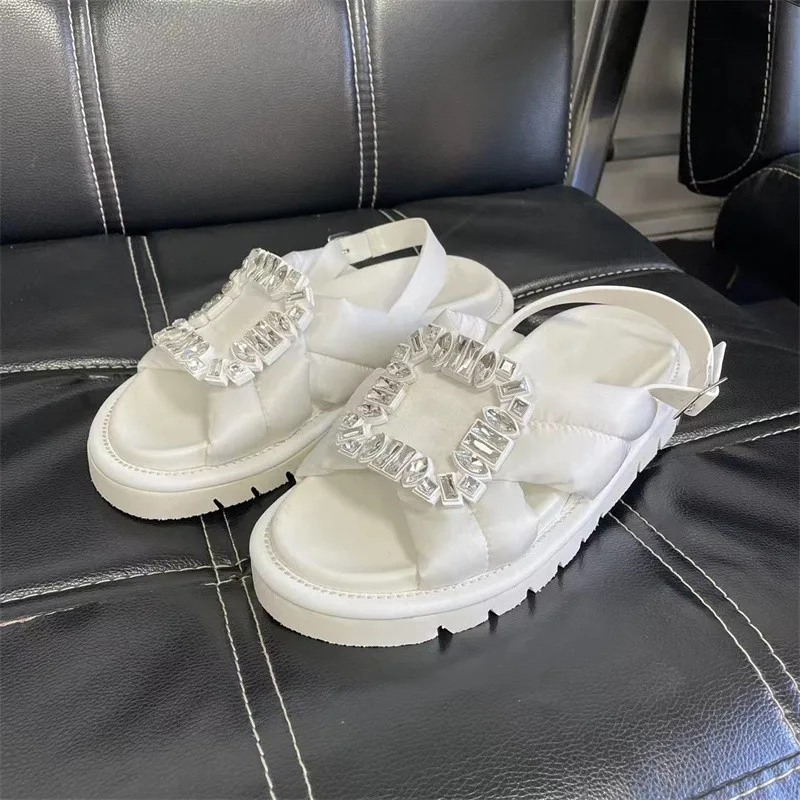 2023 Summer New Style Women Shoes Shiny Crystal Flat Fashion Casual Female Sandals Round Toe Breathable Peep Toe Lady Footwear