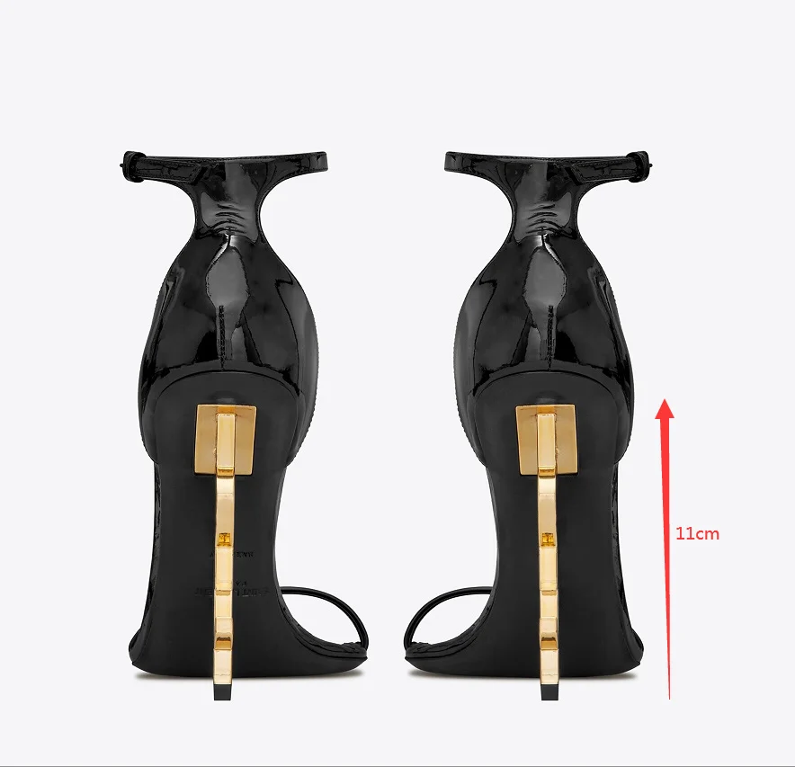 Strange Sandals Famous Size 43 Fashion Women Black Red Genuine Leather Top Quality 110mm Gold Heels