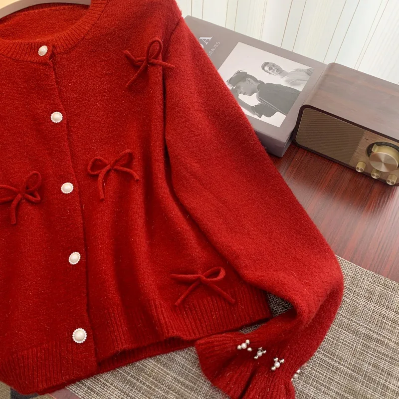 Красный вязаный кардиган женский белый свитер с бисером шикарная корейская