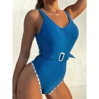 beach solid color sleeveless leisure belt with chest pad lace slim triangle sexy one piece swimsuit hot spring swimsuit