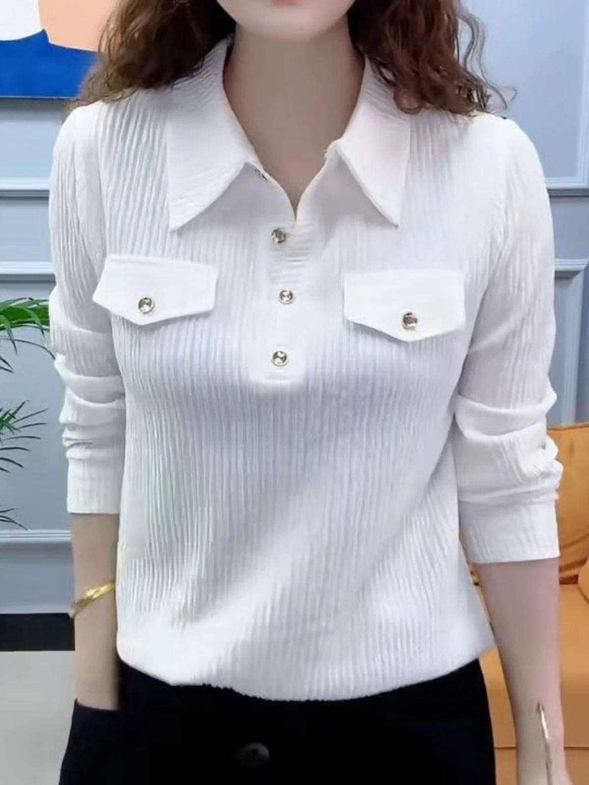 Элегантная универсальная однотонная рубашка с воротником-поло больших размеров