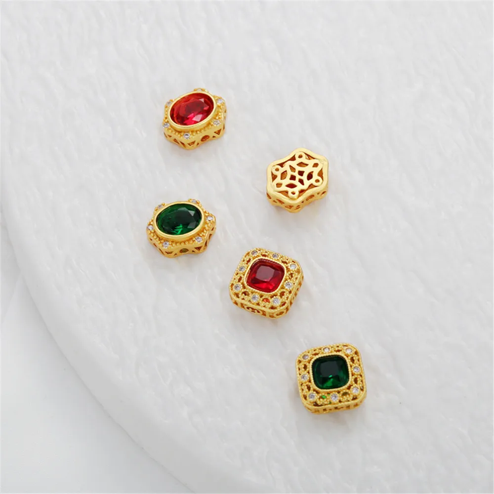 

18K gold-clad square zircon hollow-out through hole separated beads 12mm dummy gold DIY bracelet necklace accessories loose bead