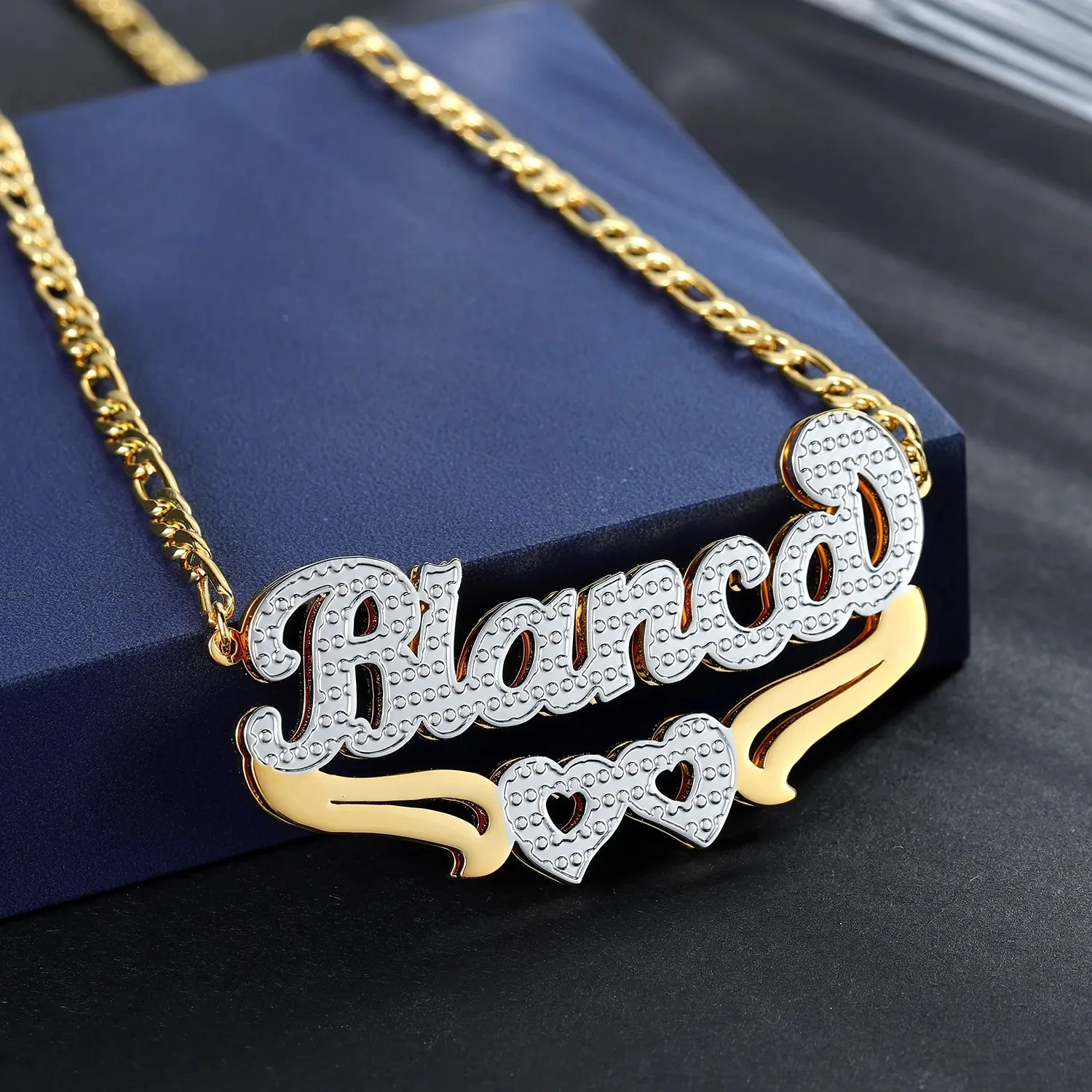 Customized Jewelry Sets Two Tone Double Heart 14K Gilded Nameplate Personalized Name Necklace Heart Shaped Bamboo Earrings Sets