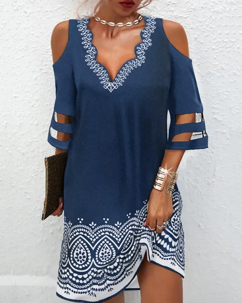 

CHAXIAOA 1 Piece Summer 2022 Women Tribal Print Contrast Mesh Cold Shoulder Casual Vacation Mini Dress