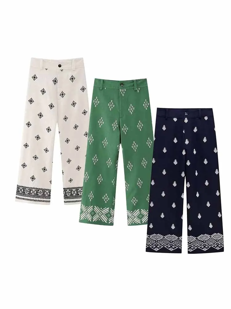 

Women 2023 summer New Chic Fashion Print Embroidered linen Casual Pants Vintage High Waist Zipper Female Trousers Mujer 2731/256