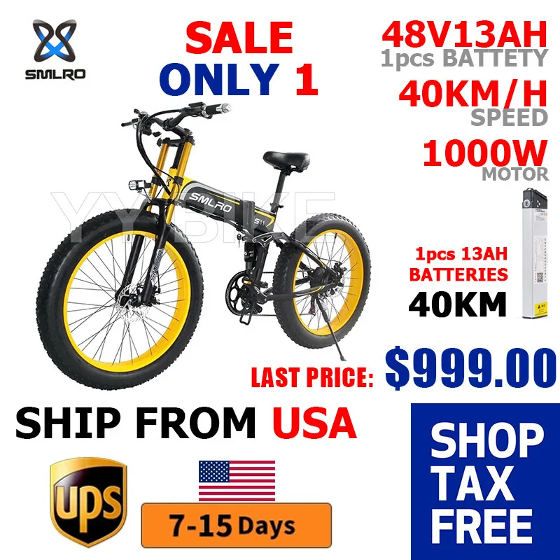 

Hot Sale US Warehouse SMLRO S11PLUS Adult Electric Fat Bike 1000W 48V 13AH 40KM/H Folding 26" Mountain Bicycle Ebike