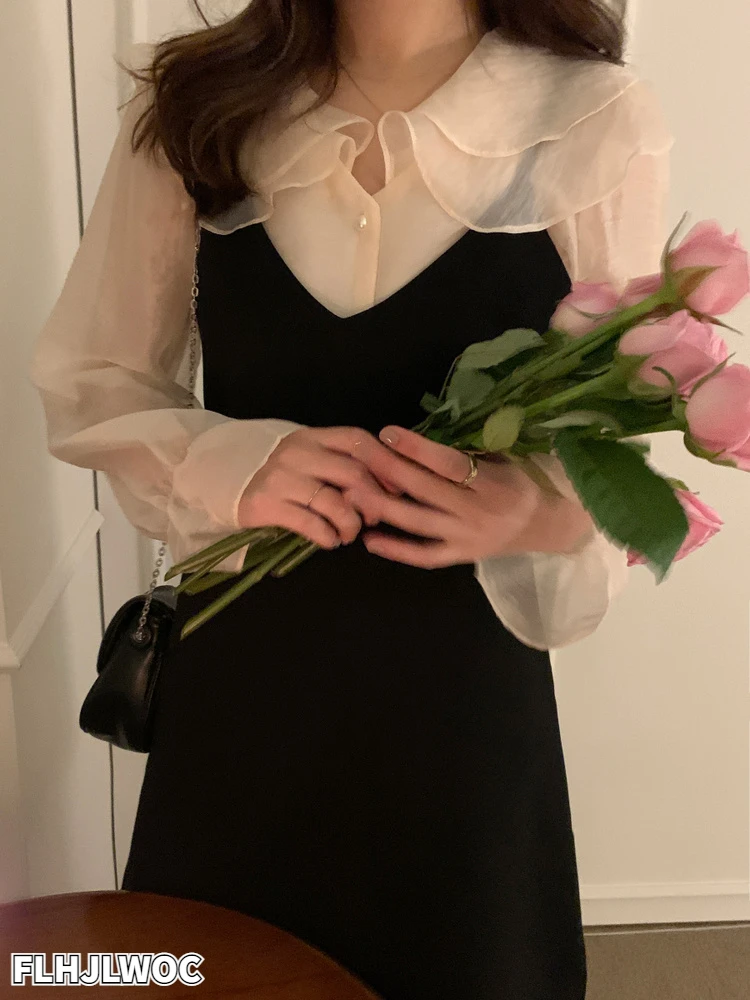 

2 Pieces Set Matching Date Cute Sweet Tops Girls Women Japan Style Chic Korea Design Ruffles Shirt Dress Set Two Pcs Oufits
