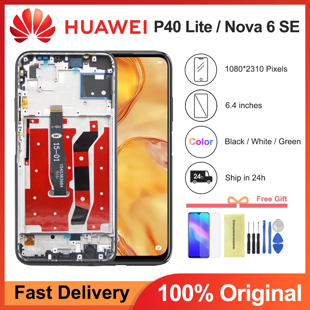 Оригинальный ЖК-дисплей 6,4 дюйма с рамкой для HUAWEI P40 Lite, дисплей в сборе для HUAWEI P40 Lite, дисплей для Nova 6 SE
