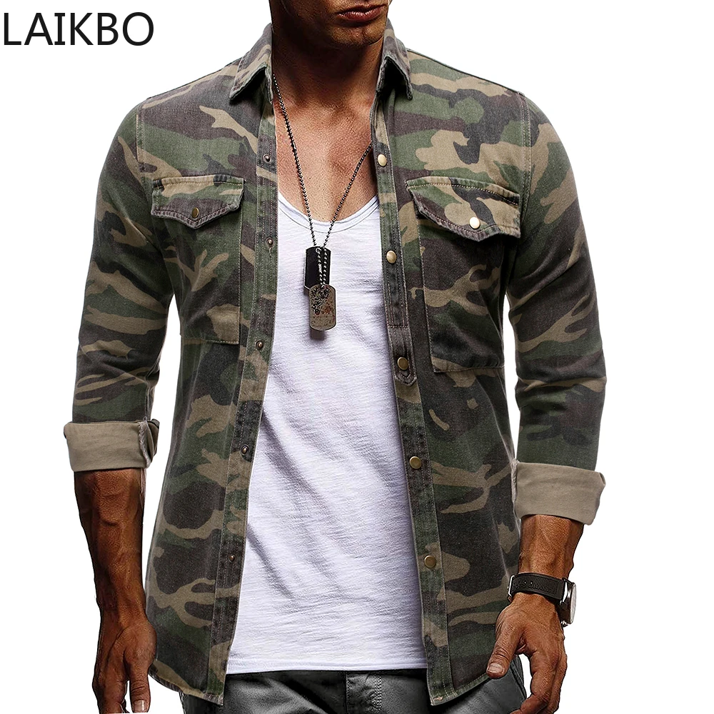 

Мужская джинсовая куртка с лацканами, Повседневная однобортная свободная спортивная куртка с длинным рукавом, камуфляжная куртка, новинка ...