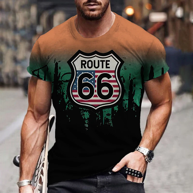 

2023 Men's T-shirts Route 66 Harajuku Graphic Tops Summer Vintage Print 3D T-shirt Male Street Oversized Casual O neck pullover