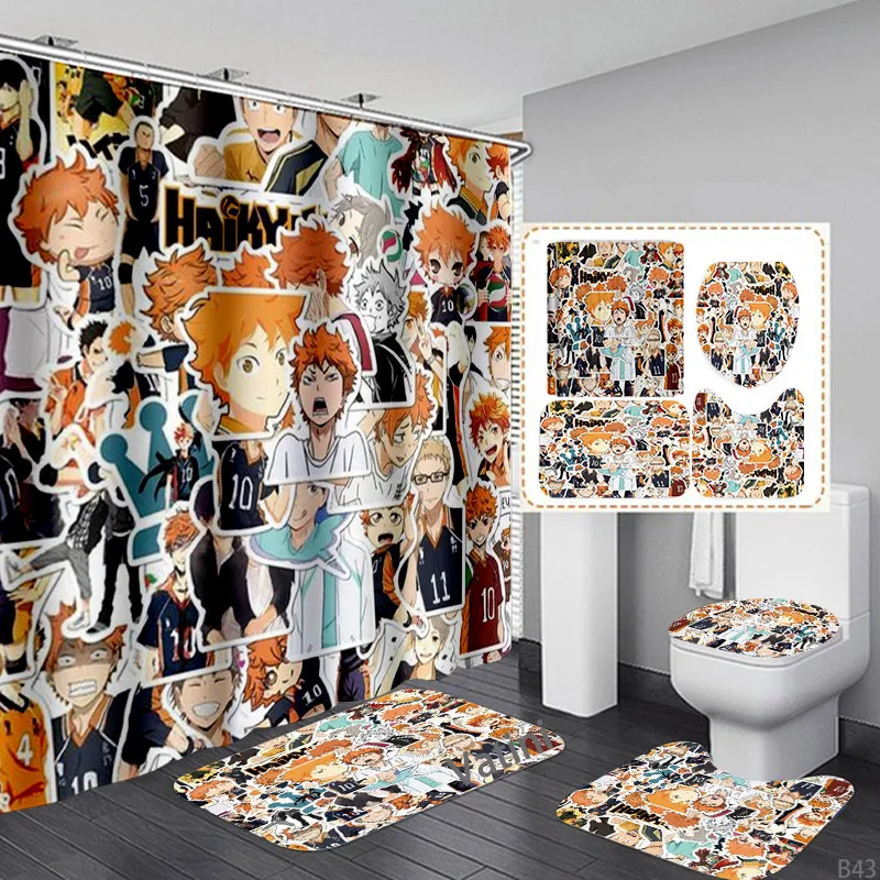 

Cartoon Anime 3D Printed Waterproof Shower Curtain Anti-slip Bathroom Curtain Bath Mat Set Home Toilet Mats