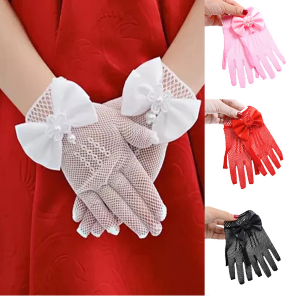 

Детские сетчатые кружевные перчатки с бантом и жемчугом для девочек, эластичные праздничные принадлежности, Детские аксессуары для дня рож...